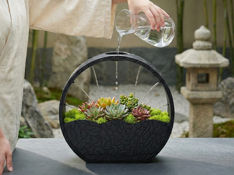禅意圆形花瓶 极简主义自动浇水系统