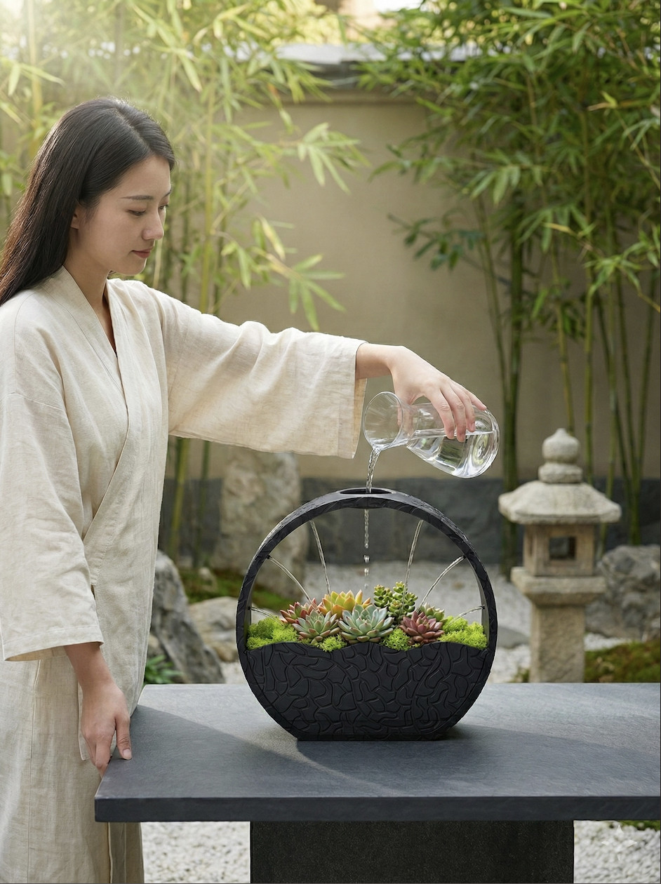 禅意圆形花瓶 极简主义自动浇水系统