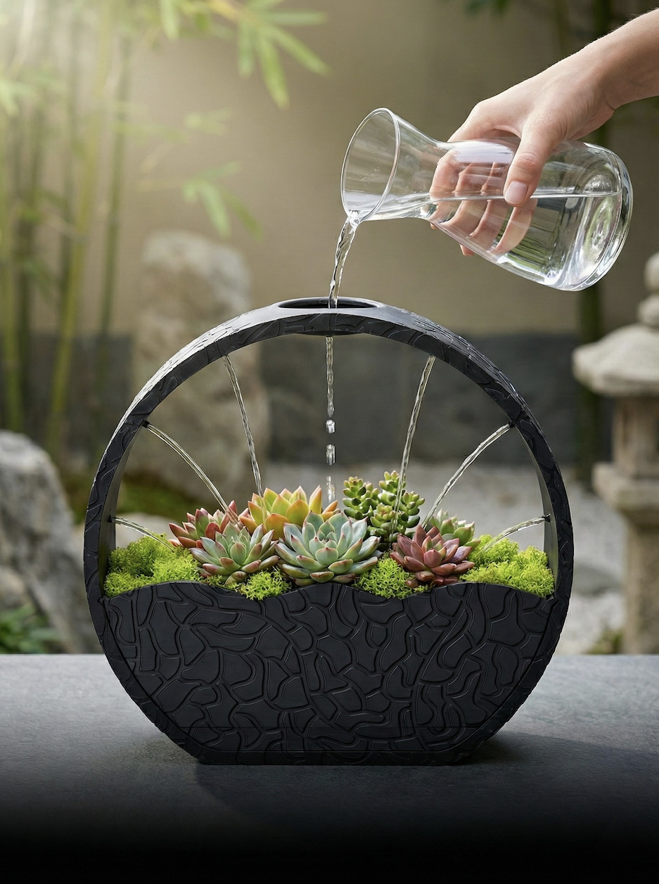 禅意圆形花瓶 极简主义自动浇水系统